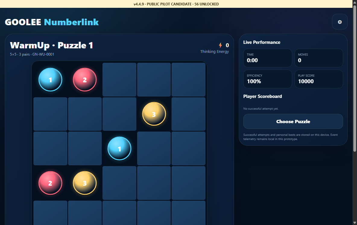 GOOLEE Numberlink gameplay screen showing a WarmUp puzzle board with numbered colored pairs